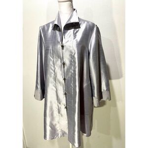 Rising Phoenix hong kong silk jacket shirt silver gray festive night out women M